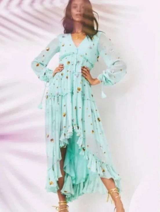 ROCCO SAND Dresses & Skirts - NWT/ ROCCO SAND 'TALA' aqua sequin heart hi/lo maxi dress